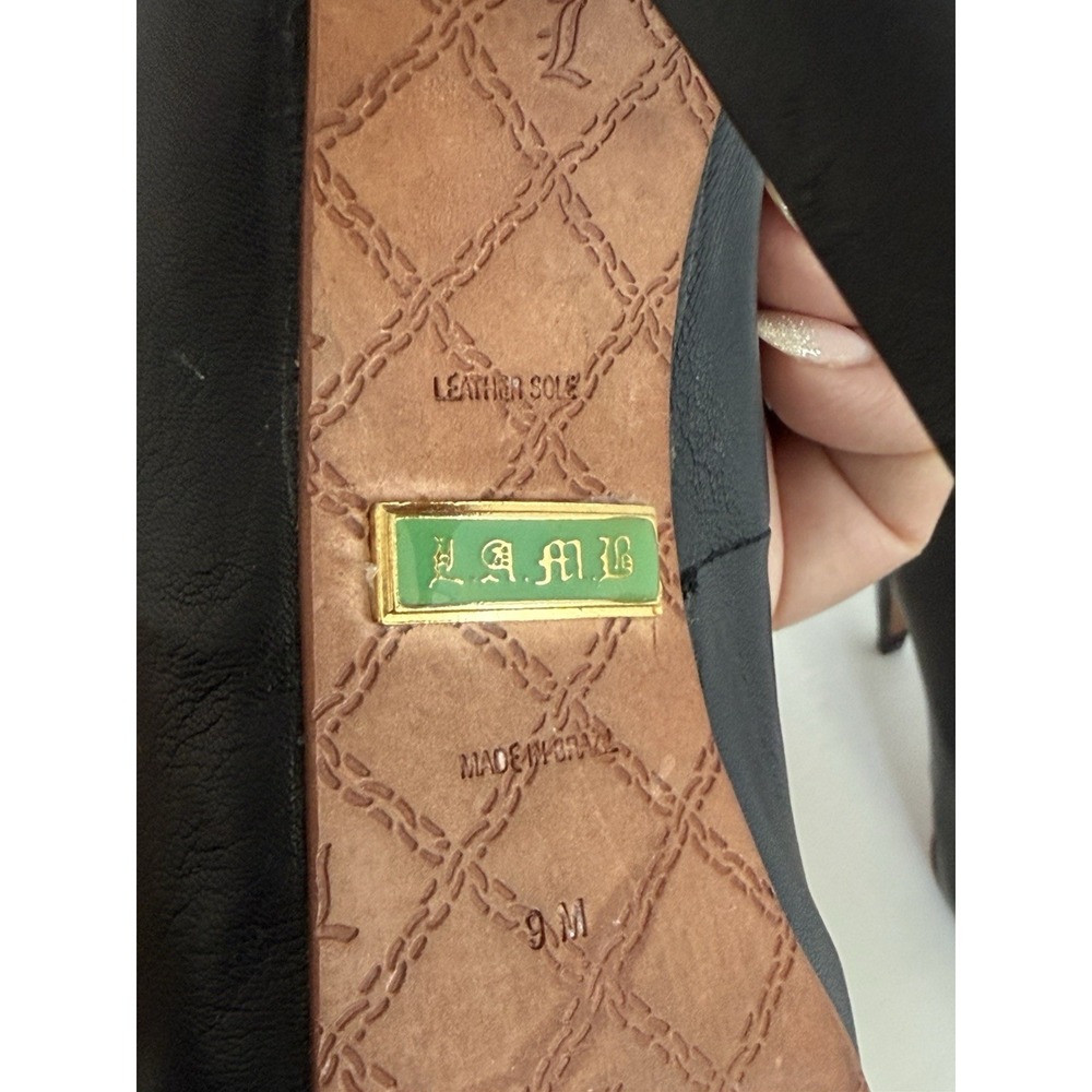L.A.M.B. LAMB Black Leather Strap Stilettos Peep Toe Heels Y2K Designer Size 9 M - Picture 12 of 13